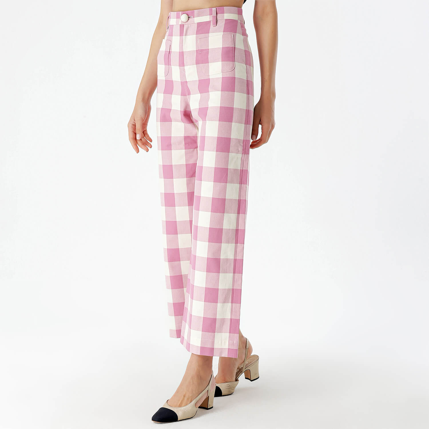 La Veste - Pink&White Cotton Checked Wide Leg Pants